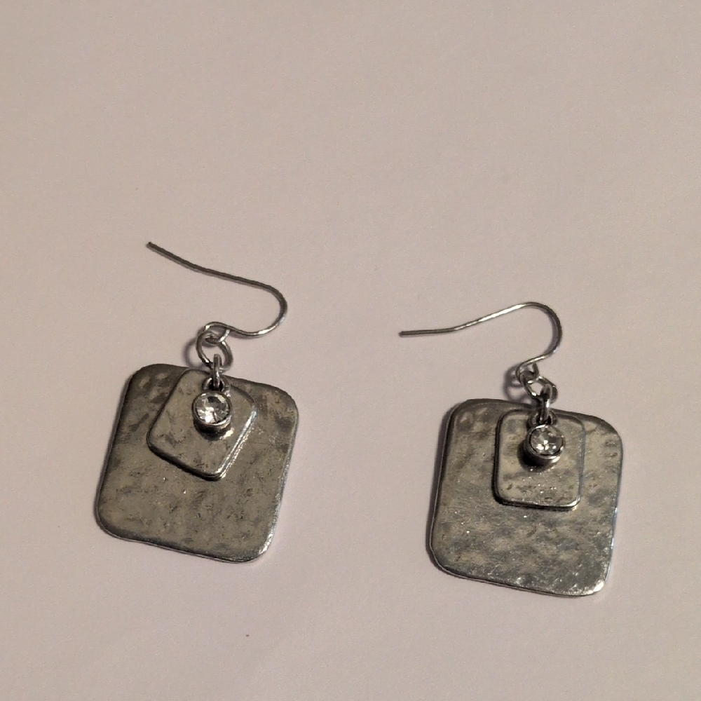 Vintage Silver Double Square Rhinestones Dangle Earrings